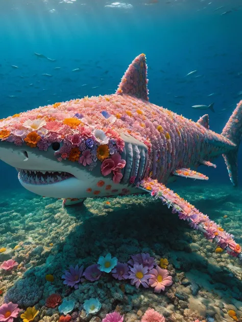 a close up of a shark with flowers on its head