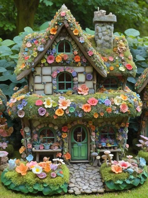 there is a fairy house with flowers on the roof and a door