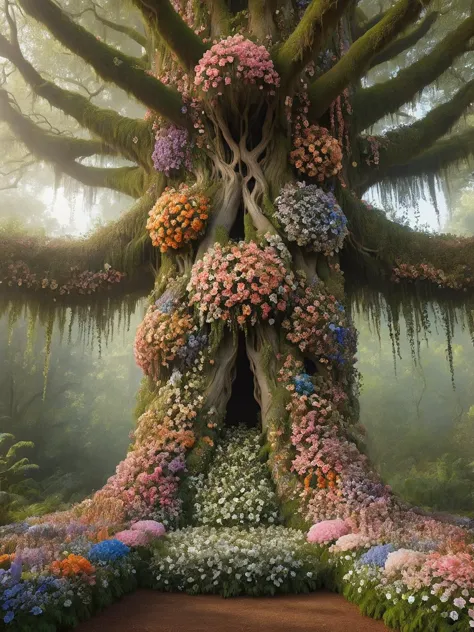 An ancient, towering tree with branches and leaves made entirely of ais-flowery blooms, in an enchanted forest setting <lora:Flowery_Style_SDXL:1>,<lora:EnvyBetterHiresFixXL01:0:hr=1>