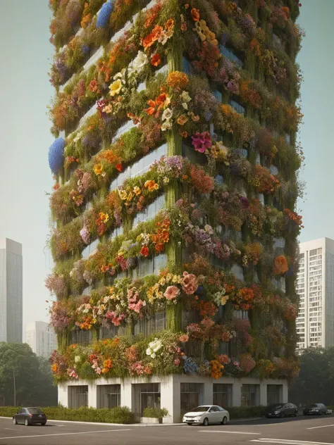 A modern skyscraper with exterior walls that are a living tapestry of ais-flowery designs, nestled in a bustling, green metropolis <lora:Flowery_Style_SDXL:1>,<lora:EnvyBetterHiresFixXL01:0:hr=1>