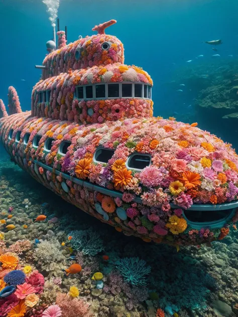 An underwater submarine exploring a coral reef, with its hull covered in colorful ais-flowery patterns, surrounded by exotic marine life <lora:Flowery_Style_SDXL:1>,<lora:EnvyBetterHiresFixXL01:0:hr=1>