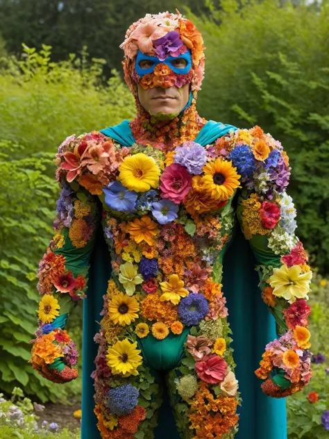 arafed man in a colorful costume with flowers on his body