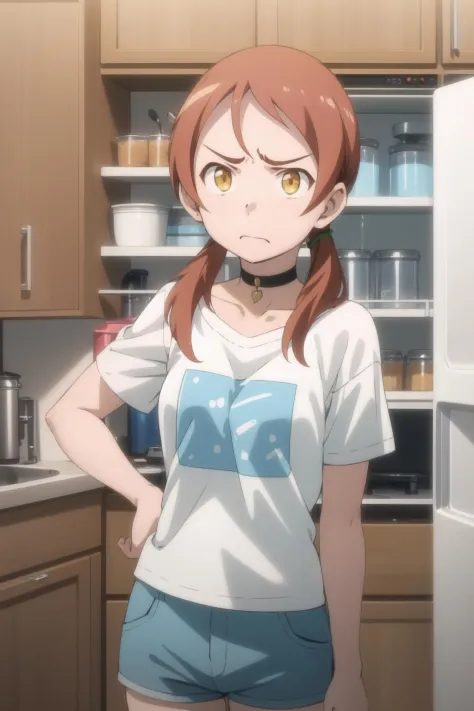 1girl, solo,
<lora:himari-000014:1> himari,
black choker, t-shirt, blue shorts, kitchen, refrigerator, pudding, annoyed