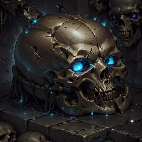 a close up of a skull with glowing eyes in a room