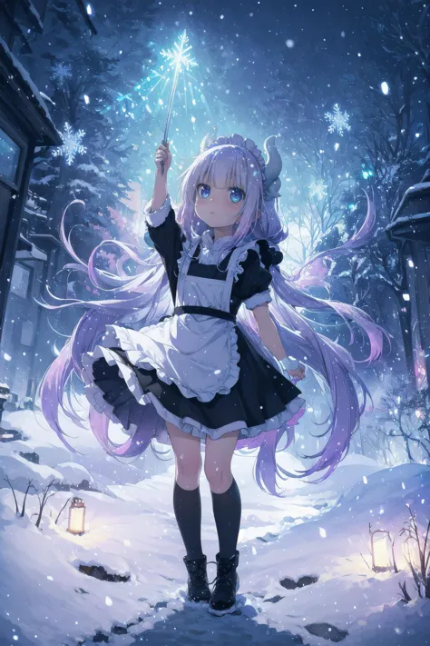 a girl in a maid outfit holding a wand in the snow