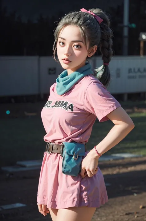 araffe girl in pink dress with blue fanny bag and blue scarf