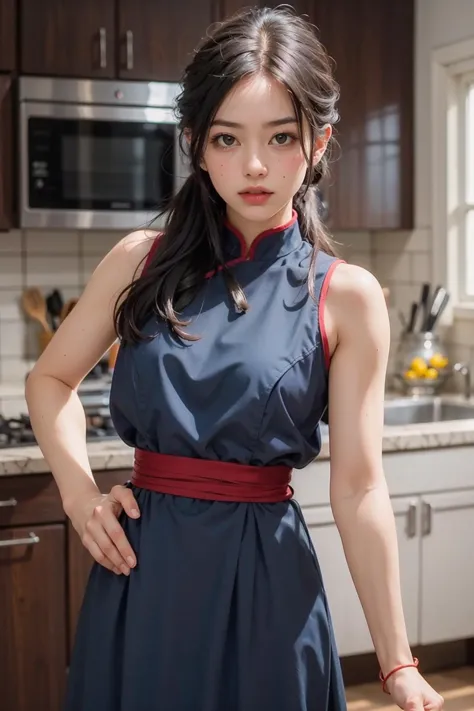 a woman in a blue dress standing in a kitchen next to a stove