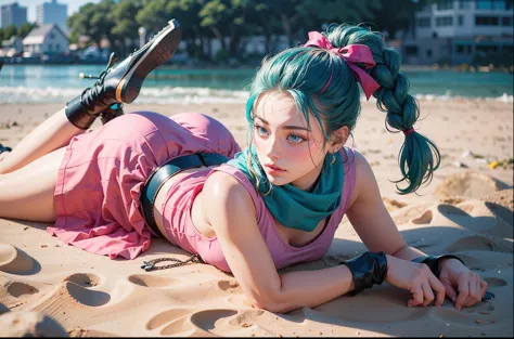 araffe girl with blue hair laying on the sand on a beach