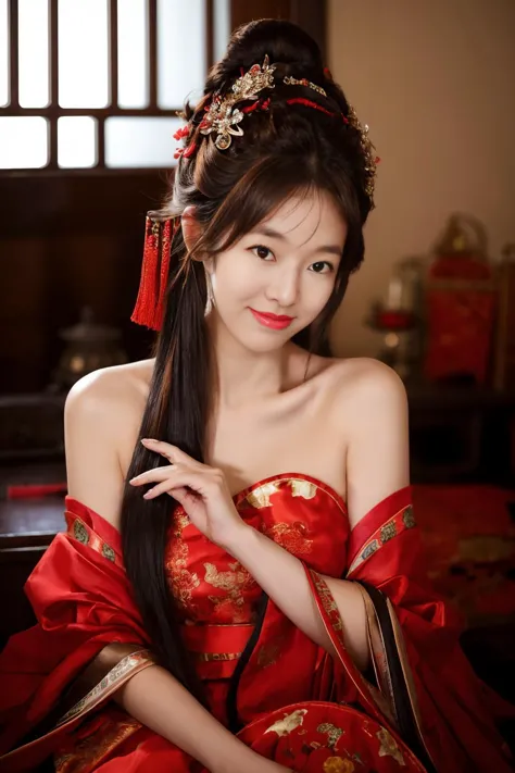 1girl, dress, hair ornament, red dress, solo, chinese clothes, long hair, sitting, bare shoulders, window, brown hair, hair bun,...