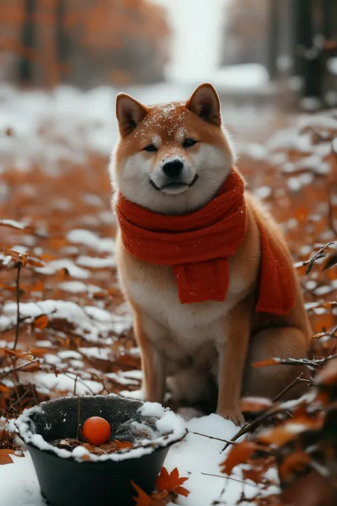 a Shiba Inu dog, adorned with a warm, orange scarf, sitting amidst a snowy environment. The dog appears to be enjoying the snowfall, with its eyes closed and a content expression on its face. Surrounding the dog are various objects, including a pot with a lid, some wooden utensils, and scattered autumn leaves. The overall ambiance of the image is serene and cozy, capturing the essence of a peaceful autumn day.
<lora:shiba_v1:0.8>