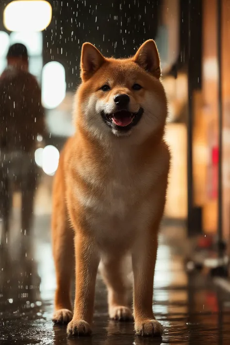 close-up,
a Shiba Inu standing on a wet street during a rainy evening. The dog appears to be joyfully panting, with its mouth open, possibly enjoying the rain. The background reveals a cityscape with buildings, streetlights, and pedestrians, all bathed in the soft glow of the rain and city lights.
<lora:shiba_v1:0.85>