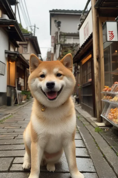 a cheerful Shiba Inu dog standing on a cobblestone street. The dog has a vibrant orange coat and is looking directly at the came...