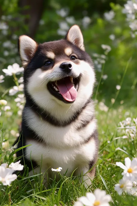 a Shiba Inu dog amidst a lush green meadow filled with white daisies. The dog appears to be joyful, with its tongue out, possibl...