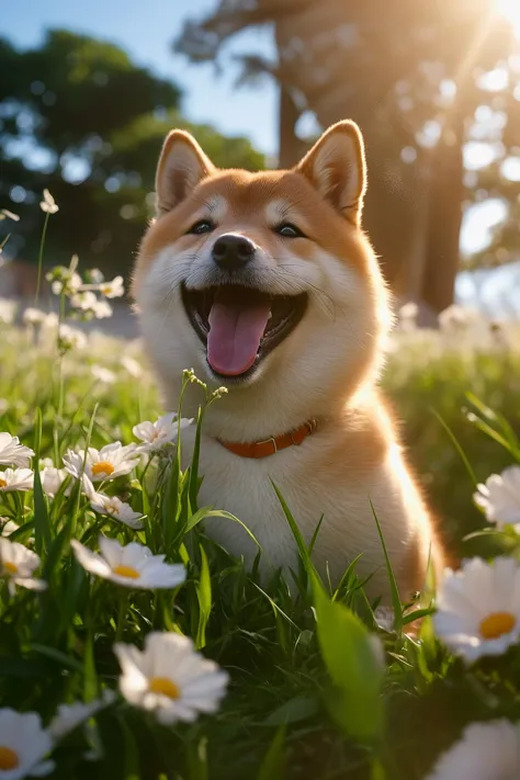 a Shiba Inu dog amidst a lush green meadow filled with white daisies. The dog appears to be joyful, with its tongue out, possibl...