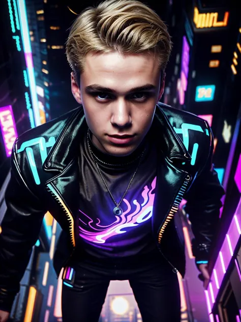 Masterpiece, Best Quality, (8k resolution), (ultra-detailed), perfection, 1boy, semi blonde hair, (blue jacket), undercut, Handsome cucasian man, Height above 180cm, The face is clean and free of scum, Not short sideburns, Medium distribution type, cyberpunk style, middle of the street, Shibuya, scenery, cowboy shot, Look down from above, looking at viewer, intricately detailed.,Best quality, masterpiece, ultra high res, (photorealistic:1.4), detailed face, detailed eyes, raw photo, semi blonde hair, full body, view from top, (cyberpunk night city background:1.2),