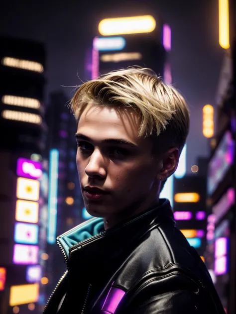 Masterpiece, Best Quality, (8k resolution), (ultra-detailed), perfection, 1boy, semi blonde hair, (blue jacket), undercut, Handsome cucasian man, Height above 180cm, The face is clean and free of scum, Not short sideburns, Medium distribution type, cyberpunk style, middle of the street, Shibuya, scenery, cowboy shot, Look down from above, looking at viewer, intricately detailed.,Best quality, masterpiece, ultra high res, (photorealistic:1.4), detailed face, detailed eyes, raw photo, semi blonde hair, full body, view from top, (cyberpunk night city background:1.2),