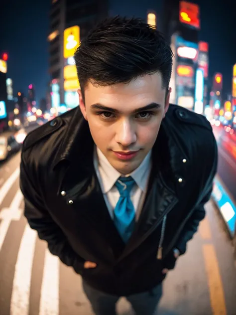 arafed man in a black jacket and tie standing on a street