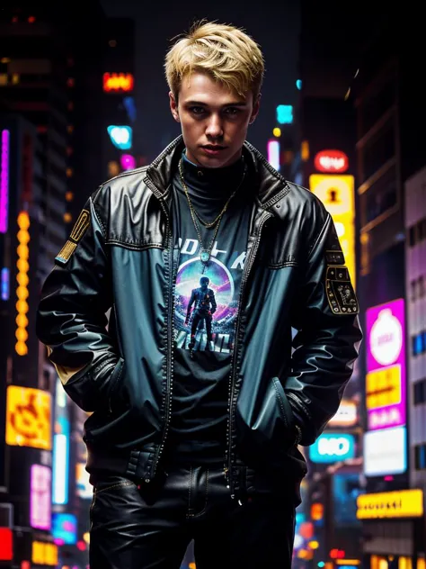 a man in a black jacket standing in a city at night