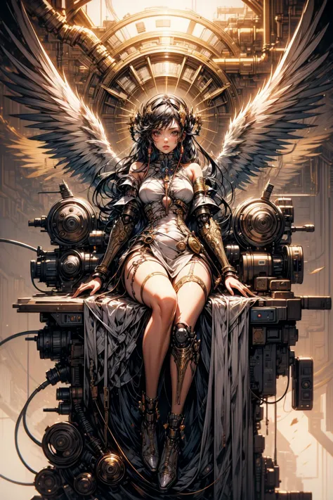 a woman sitting on a throne with wings and a clock