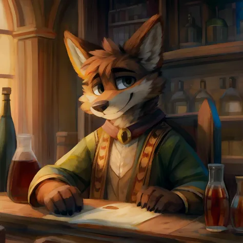 a close up of a cartoon fox sitting at a desk with a book