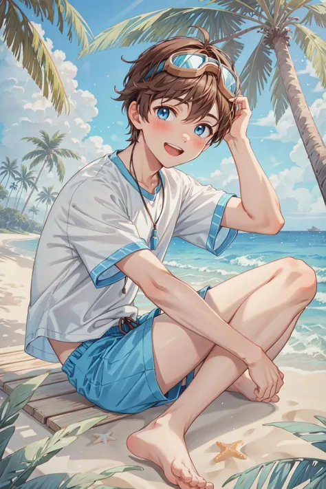 masterpiece,best quality,1boy,solo,goggles on head,male focus,blue eyes,outdoors,barefoot,shorts,open mouth,smile,looking at viewer,sitting,beach,blush,tree,brown hair,stylish pose,sky,palm tree,ocean,day, ,