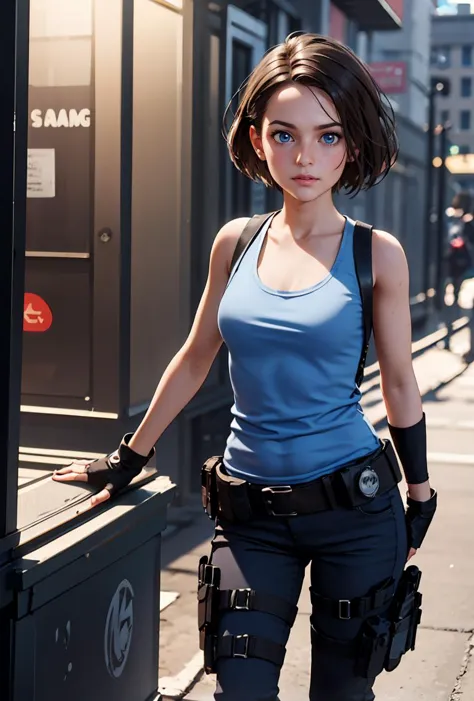 (masterpiece, best quality), 1girl,   JillR3make, blue tank top, pants, holster, fingerless gloves, short hair, brown hair, blue eyes