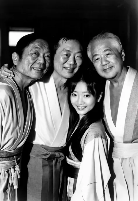 arafed asian family posing for a picture in a black and white photo