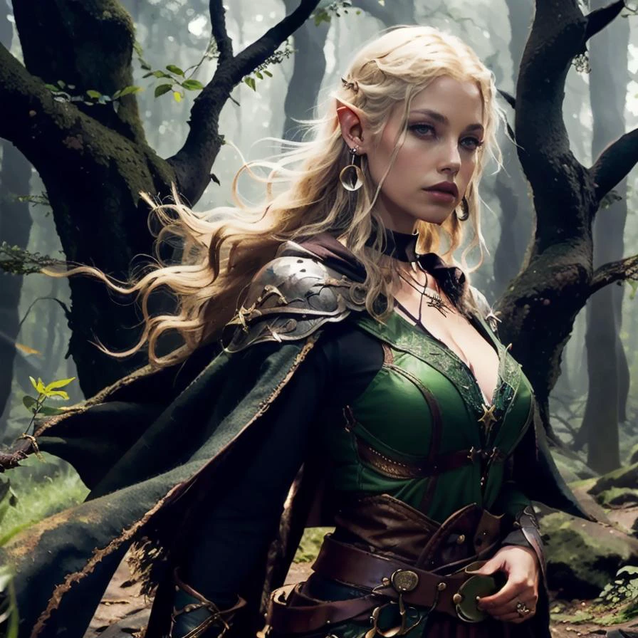 Tolkien, Middle Earth, Mirkwood, in the style of Anato Finnstark, (masterpiece:1.2), (best quality,:1.2), 8k, highly detailed, hyperrealistic, cinematic lighting, ambient lighting, Bridgette, as rpgelf, sorceress, (((cowboy shot))), earrings, choker, necklace, dark makeup, long wild messy blonde hair, dynamic pose, robe, belt, jewelry, cape, circlet, ((looking at viewer)), in an gloomy and foggy forest, 