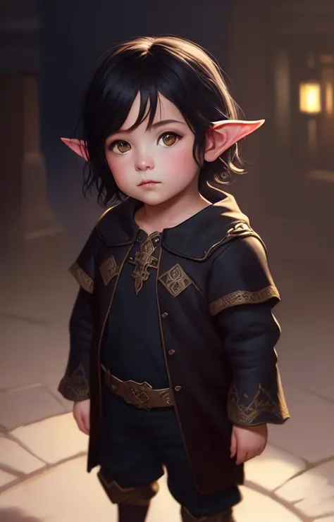 (extremely detailed CG unity 8k wallpaper), (masterpiece), (best quality), (realistic), fantasy, elf, (((child))), black hair, r...