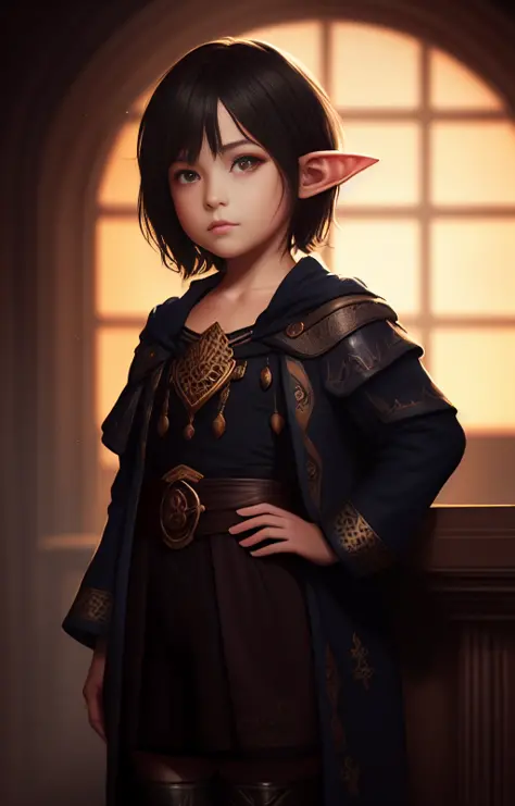 (extremely detailed CG unity 8k wallpaper), (masterpiece), (best quality), (realistic), fantasy, elf, (((child))), black hair, r...