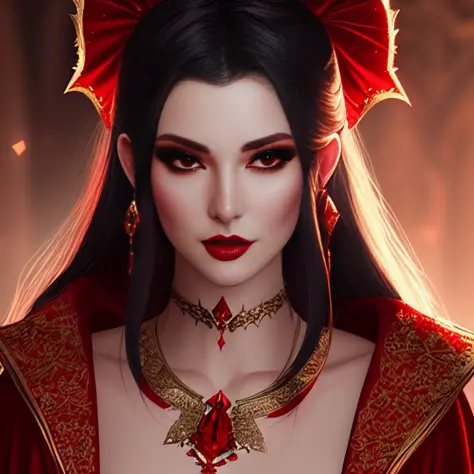 nsfw, closeup portrait of a sexy beautiful female vampire  in a fantasy world, (backlighting), wearing intricate red robe, reali...