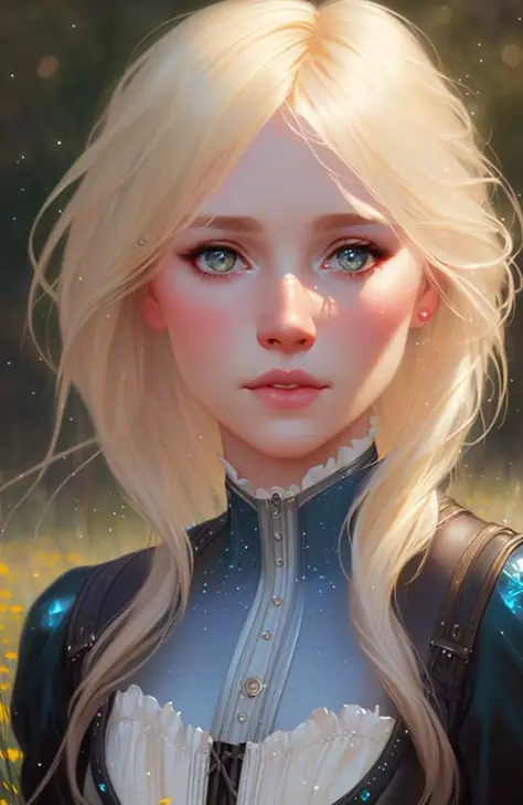 closeup portrait of a cute blonde Elsa in a bright windy field, (backlighting), realistic, masterpiece, highest quality, ((corse...