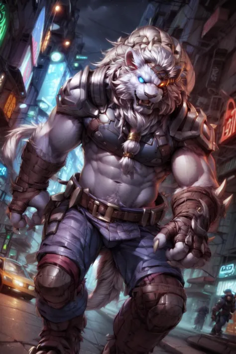 (by narse, by null-ghost, by darkgem, by personalami), rengar \(lol\), lion, blue eyes, claws, detailed background, eyepatch, hindpaw, male, clothed, topwear, bottomwear, cyberpunk, akihabara, tokyo, street, night, neons