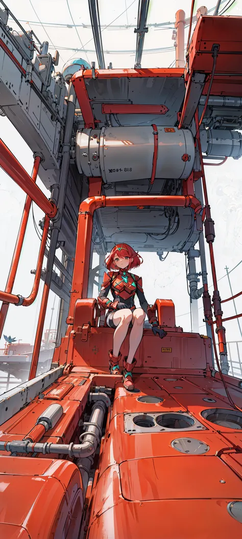 anime girl sitting on a red ship looking out over the water