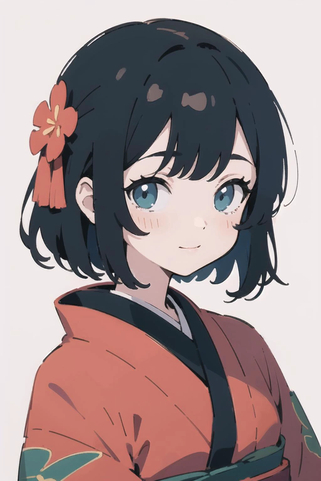 (finely best quality illustration:1.2), (kawaii girl:1.0), (1girl, solo:1.0), (black short hair:1.0), (red kimono:1.0), (smile:0.4), (upper body:1.0), (ultra-detailed, highres:1.0), 