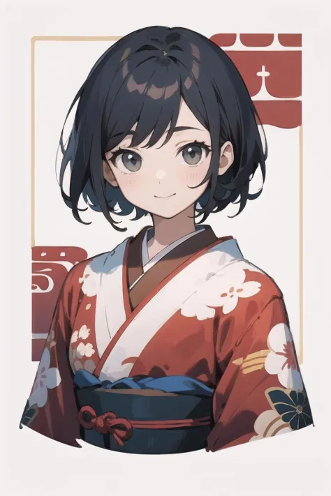 (finely best quality illustration:1.2), (kawaii girl:1.0), (1girl, solo:1.0), (black hair, black short hair:1.0), (red kimono, tsubaki pattern:1.0), (smile:0.6), (upper body:1.0), (ultra-detailed, highres:1.0),