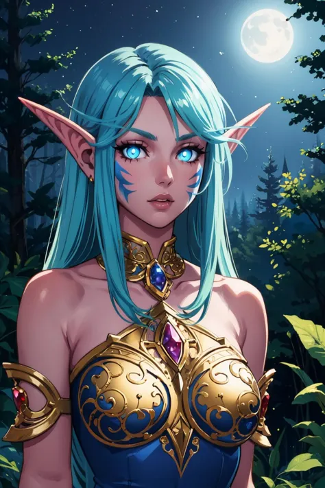 masterpiece, best quality,  <lora:nightelf-warcraft-richy-v1:1> nightelf, glowing eyes, colored skin, facial mark, mature female, blue dress, filigree, ornate, jewelry, looking at viewer, forest, night, bare shoulders