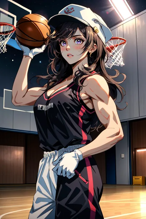 (masterpiece, best quality),  intricate details,
1girl,     maki oze, long hair, bangs, black hair, (purple eyes:1.1), muscular female, muscular,, cleavage, gloves, hat, bare shoulders, collarbone, black gloves, pantslyco:makioze-LYCORIStest:0.8>
 <lora:school_gym_v0.1:0.8> school gym,  basketball court, basketballs, sweaty, night time, dangerous, scared,  <lora:eExpressions2:0.8> eexpr,