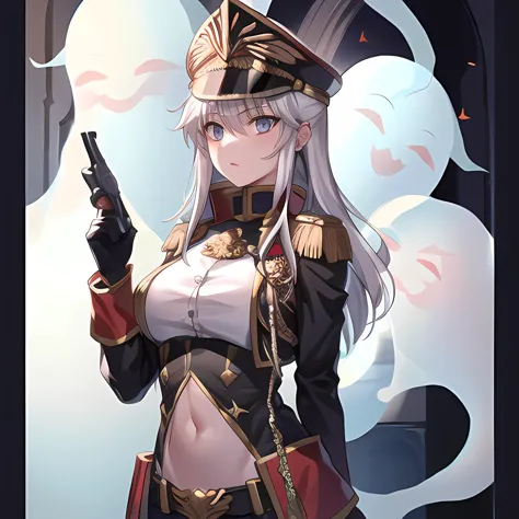 anime girl in uniform holding a gun and a gun in her hand