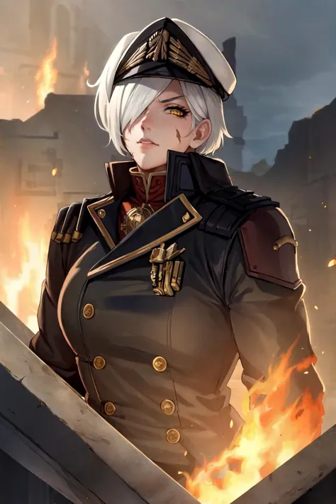 a woman in a uniform holding a sword in front of a fire