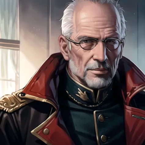 a close up of a man in a red jacket and glasses