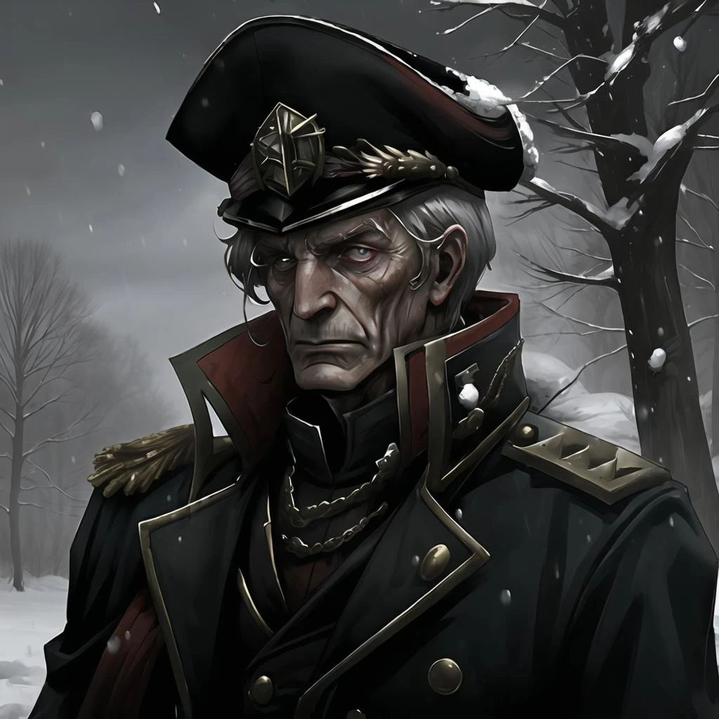 warhammer_40k_commissar, man, black uniform, ((snowstorm)) forest, red ...