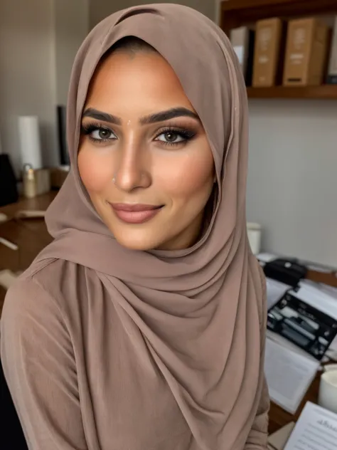 pakistani hijabi woman, hij4b <lora:hijab:0.6>, makeup, office worker, blouse, long skirt, windows, desk, files, shelves, books,...