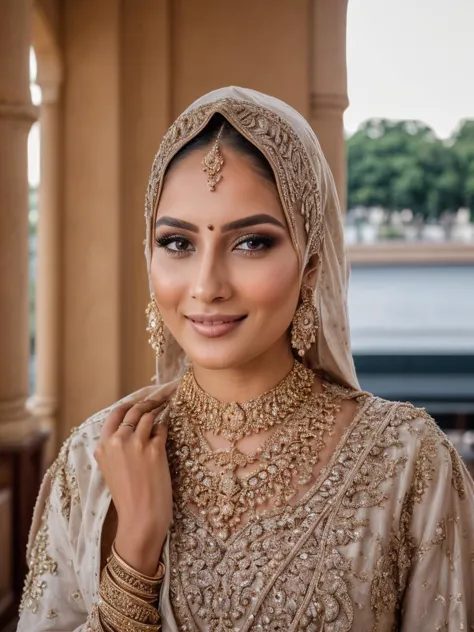 pakistani hijabi woman, hij4b <lora:hijab:0.5>,  wedding, reception, gold jewellery, makeup, ornaments, luxury, crowds, ornate, ...
