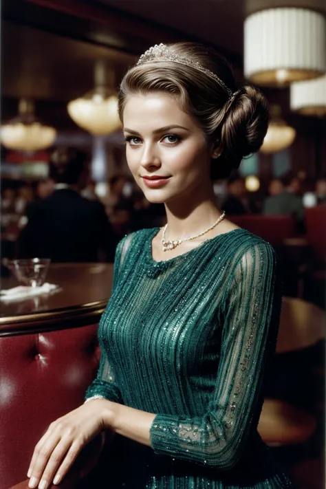 1970's  photograph  of  , Classic updo, shimmering lids , intricately detailed cocktail cress , Retro lounge setting , Olympus OM-1, 50mm f/1.4, 1/80s, ISO 200, Kodachrome , SFW