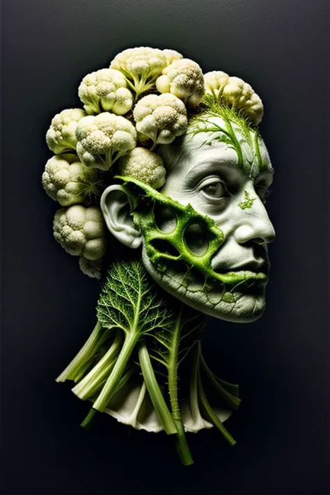 a close up of a head of broccoli with a face made of cauliflower