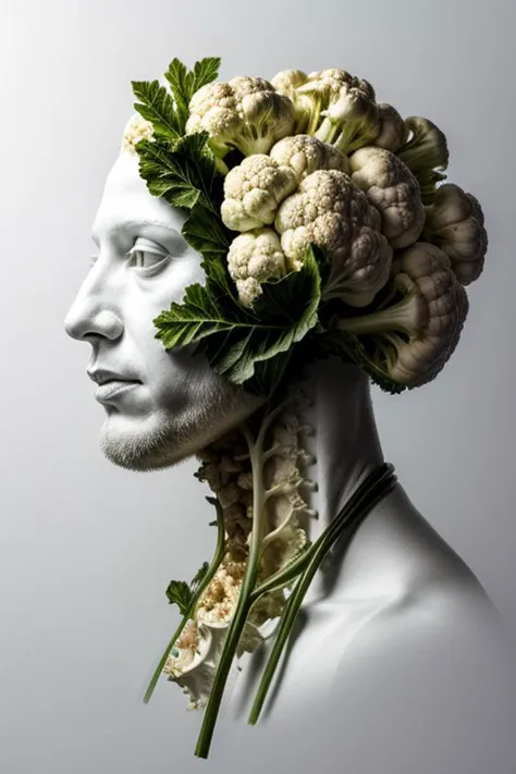 White Cauliflower, human head, neck growing from the soil, green leaves around the neck, morph, glitch, photo realism