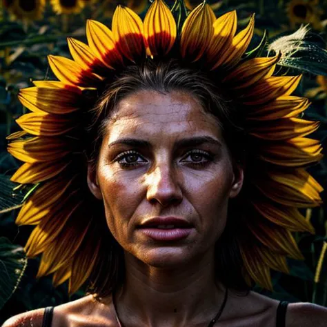 Woman, face in the center of a giant sunflower, waterdrops, sunlight, photo realistic