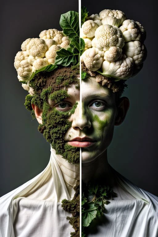 A woman with a moss covered head and a green face - SeaArt AI