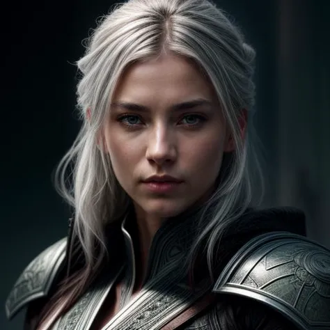 a woman with grey hair and armor looks into the camera